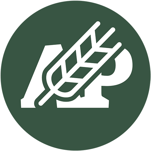 White letters "AP" with a stylized wheat stalk crossing diagonally in front of the "P," set against a dark green background with rounded corners, representing Agri-Prime Consulting.