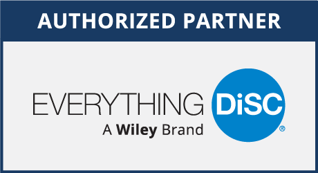 A rectangular sign with the words “AUTHORIZED PARTNER” at the top and “EVERYTHING DiSC, A Wiley Brand” below, featuring a large blue circle around “DiSC.”.